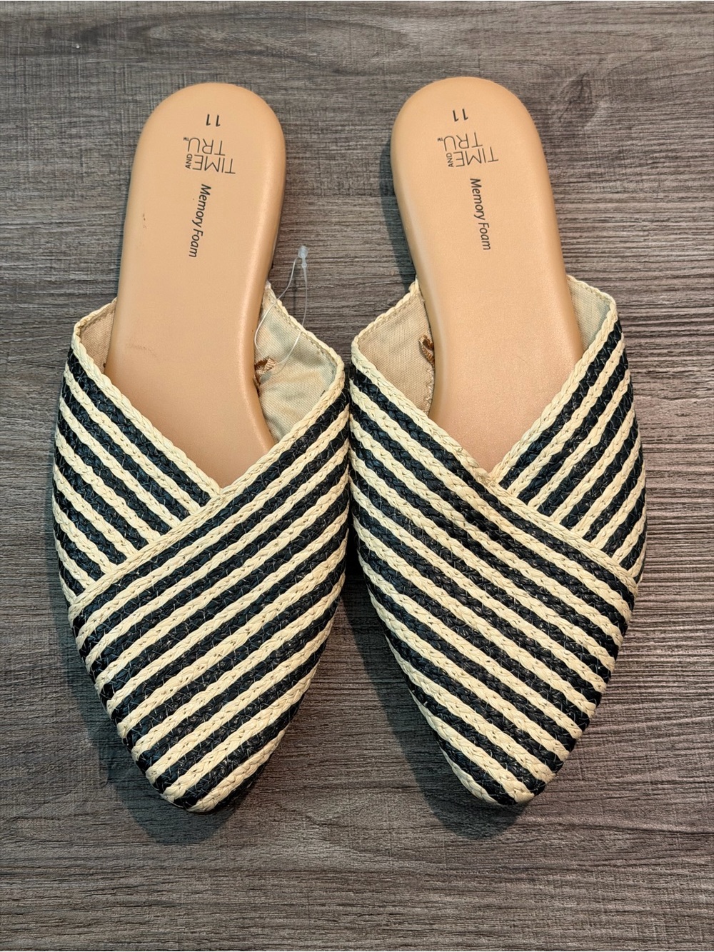 Time and Tru Black & Cream Striped Braided Slip-On Mules